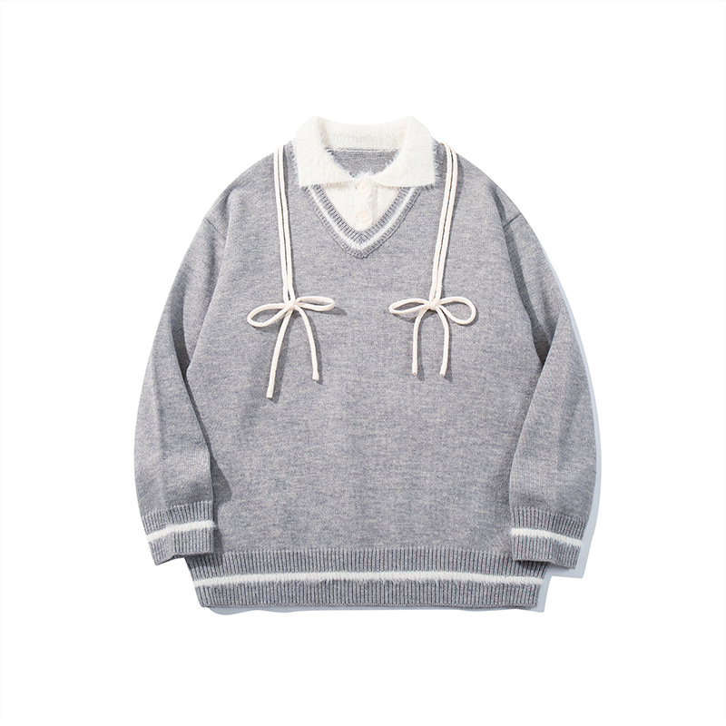 YWFG ropa de mujer retro falso de dos piezas suéter de solapa de otoño y invierno nuevo suelto estilo universitario abrigo de punto casual