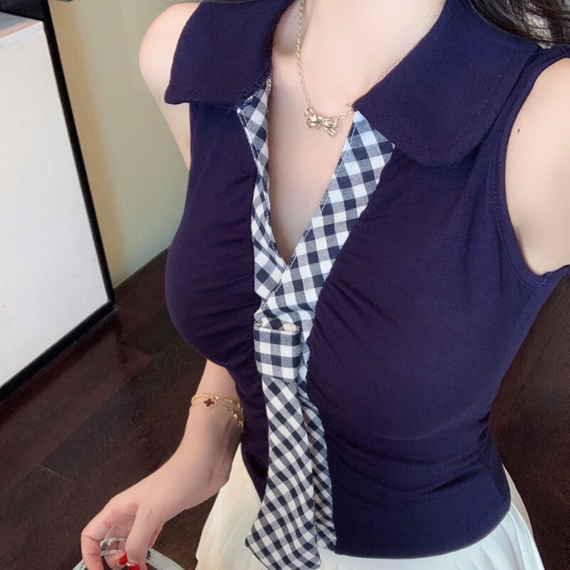 5557人棉时尚气质polo格纹领带背心带胸垫学院风假两件无袖T恤女|undefined