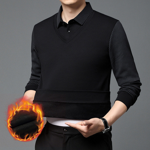 Autumn/Winter Men's Fleece Lined Thick Two-Piece Top Men's Long-Sleeve T-Shirt Casual Striped Polo Shirt