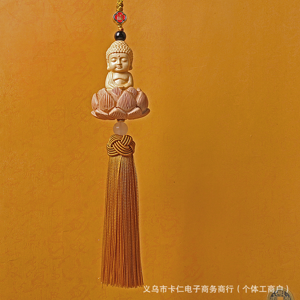 Bodhi Peach Wood: Mu Ding Yao Car hanging - single-tassel-small-buddha-gold