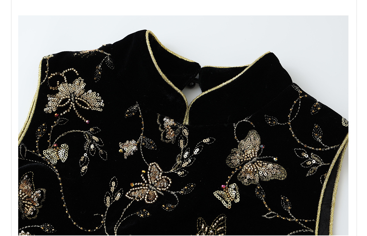 Bộ áo vest không tay thêu sequin đen vàng + chân váy nhung xẻ tà phong cách Trung Quốc mùa xuân hè — váy, áo vest chi tiết 18