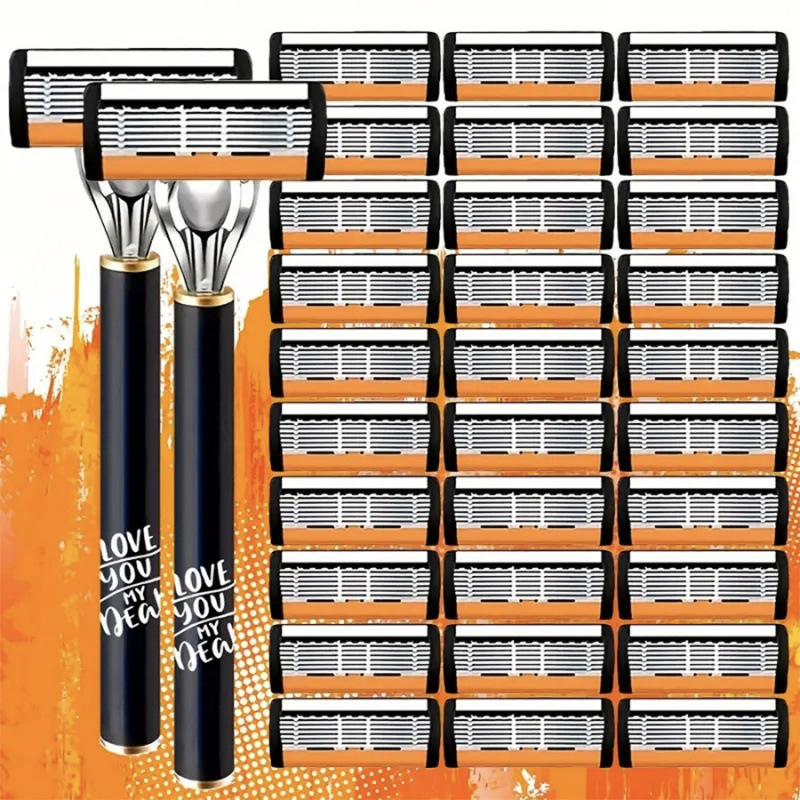 Orange 6-Layer Stainless Steel Blade Men's Safety Manual Razor with Replaceable Blades Daily Manual Shaving Razor