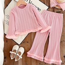 亚马逊女童卫衣套装春秋欧美新款儿童蕾丝长袖上衣喇叭长裤两件套