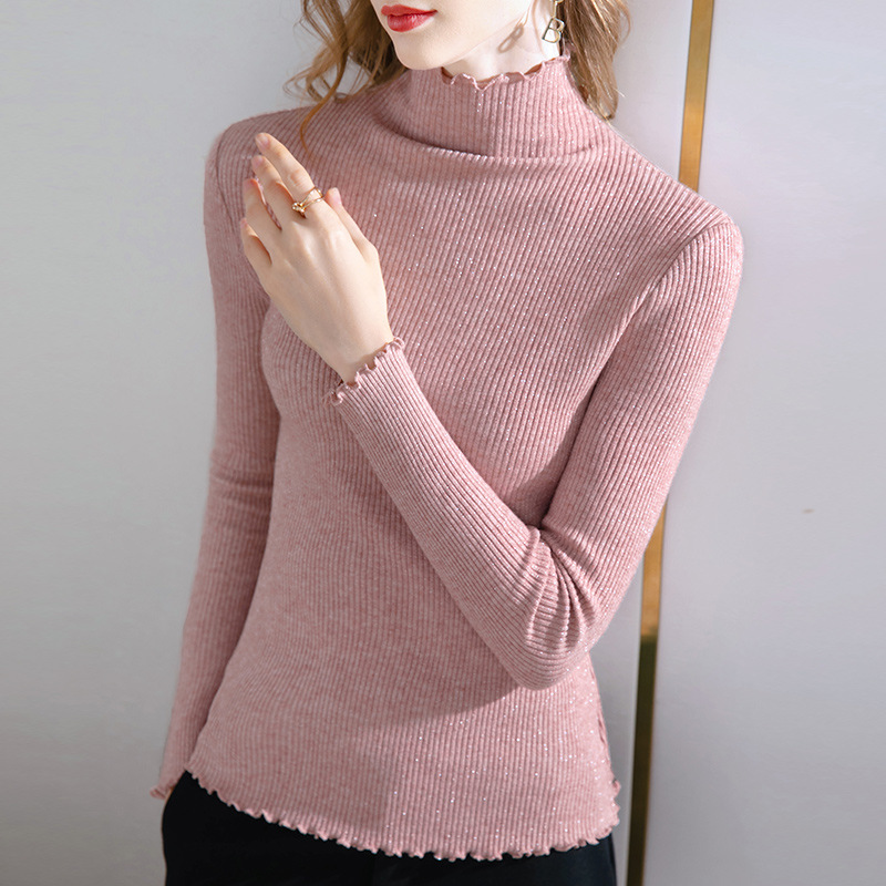 Suéter de cuello alto las mujeres otoño e invierno nuevo color sólido madera oído pit manga larga que basa la camisa pullover Top para image 5