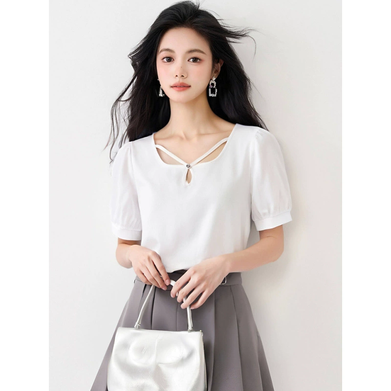 Женская футболка с пышными рукавами, лето 2025, новый стиль, свободный топ с французским квадратным воротником и тонкими модными короткими рукавами