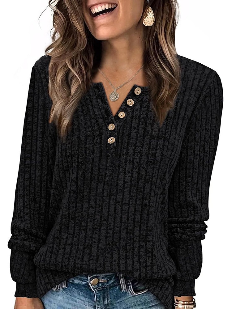 Women's Clothing Round Neck Casual Knitted T-Shirt Long Sleeve Button Detail Autumn/Winter_ecoleips.com