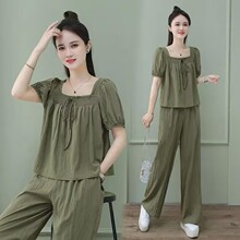 时尚休闲套装女2025夏季新款宽松显瘦女士方领短袖阔腿长裤两件套