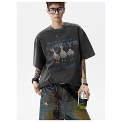 アメリカンウォッシュ加工のダメージ加工半袖Tシャツメンズ夏トレンドブランドヴィンテージプリントトップスゆったりカジュアルカップル五分袖