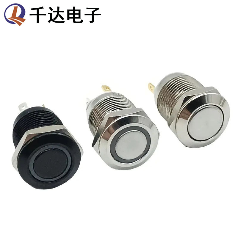 供应12mm平头自复位金属按钮开关防水 2脚无灯4脚带灯 12V24V220V