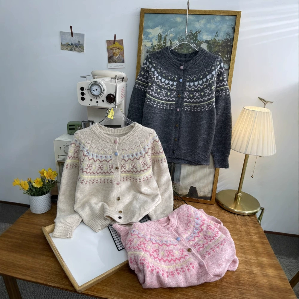 Бой жаккард вязаный кардиган женский свободный короткий ленивый стиль топ осень зима новый свитер куртка 5107