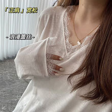 蕾丝长袖T恤打底衫女春秋季宽松显瘦大码内搭慵懒风松弛感上衣女