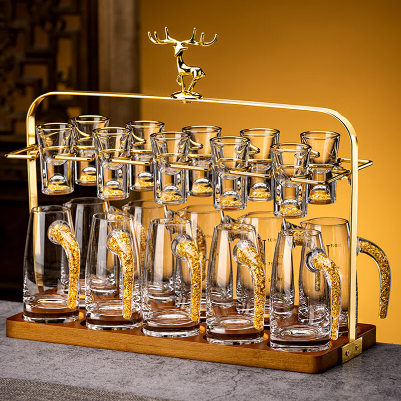 Juego de copas de licor de vidrio con oro, estilo chino, conjunto elegante de vasos pequeños y jarra, venta al por mayor