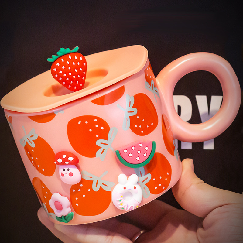 Fruta creativa Linda taza de cerámica taza de consumo doméstico con tapa cuchara taza de verano taza de café de la oficina