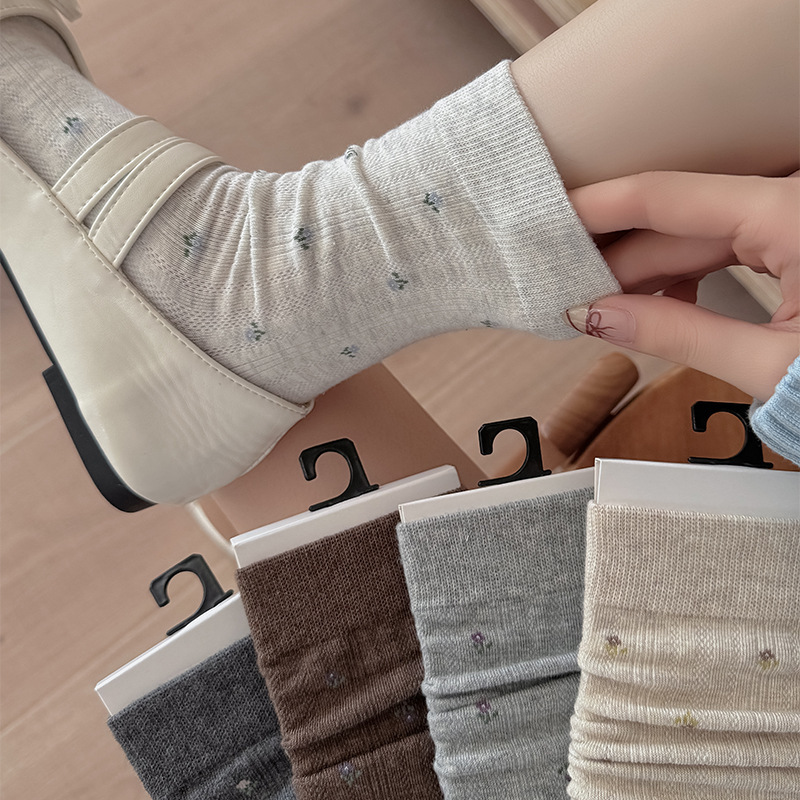 ins风甜美简约碎花袜子女秋冬无骨日系灰色中筒堆堆袜百搭潮流|undefined