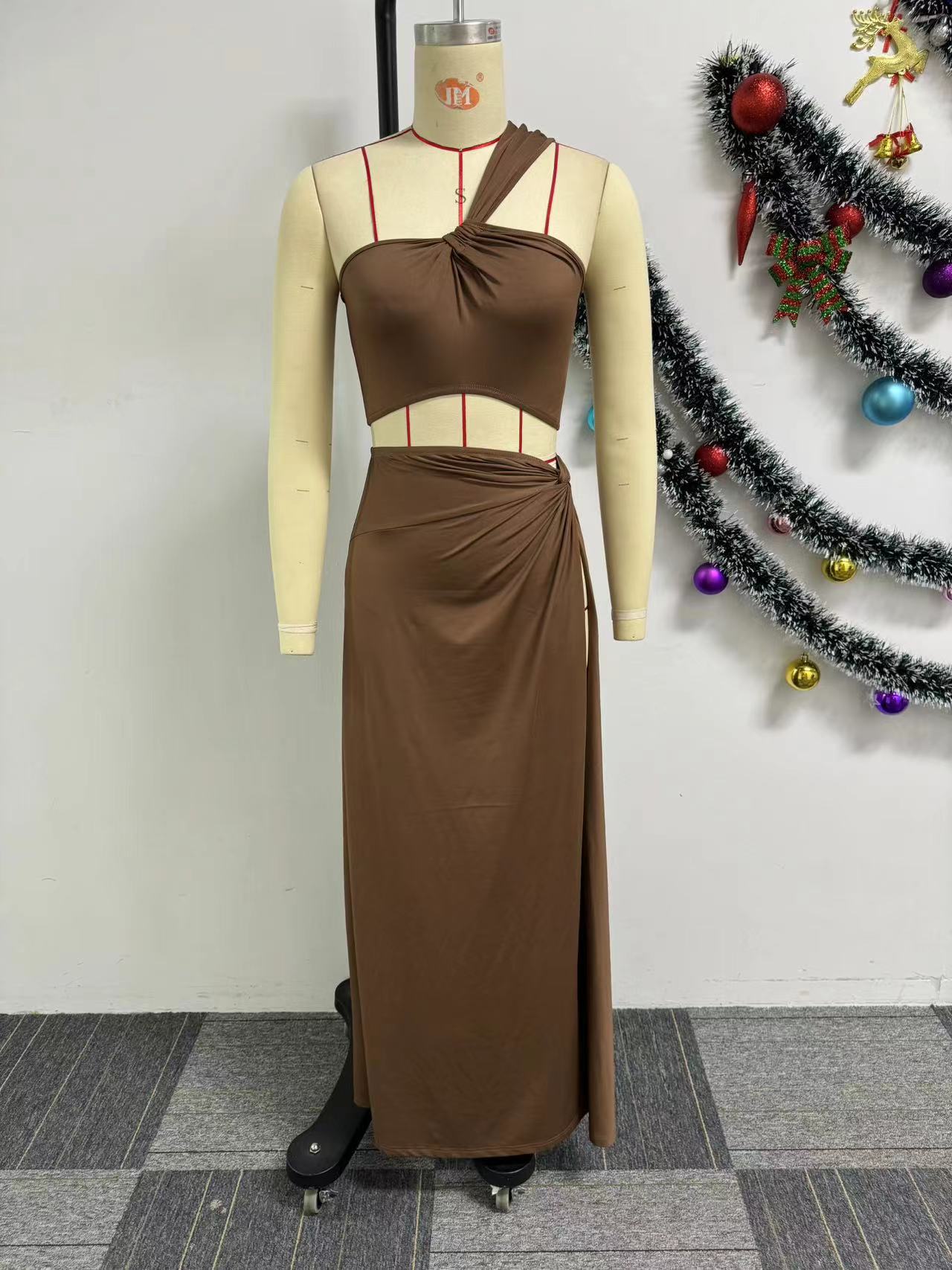 Solid Color off Shoulder Short Top Large Slit Long Skirt Two Piece Set 8 Solid Color off Shoulder Short Top Large Slit Long Skirt Two Piece Set