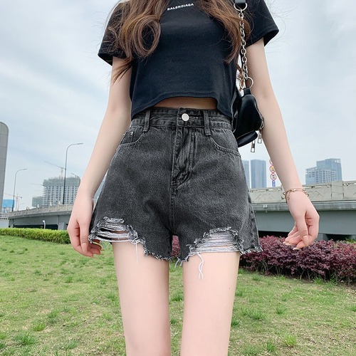 Women's Slim Denim Shorts, Hot Girl Street Style, Instagram Slimming Loose High-Waisted Hole Flared A-Line Ultra Short Summer Shorts