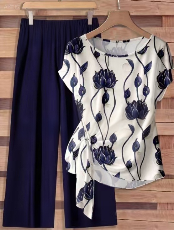 Floral Print Plus Size Women's Short Sleeve Outfit - Loose Fit Wide Leg Pants Set For Summer, Comfortable And Flattering For Curvy Figures_ecoleips.com