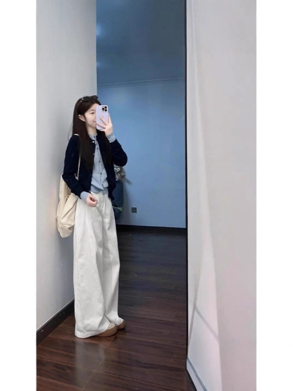 【微风午后】秋季时尚假两件针织开衫气质甜美白色直筒牛仔裤两件|undefined