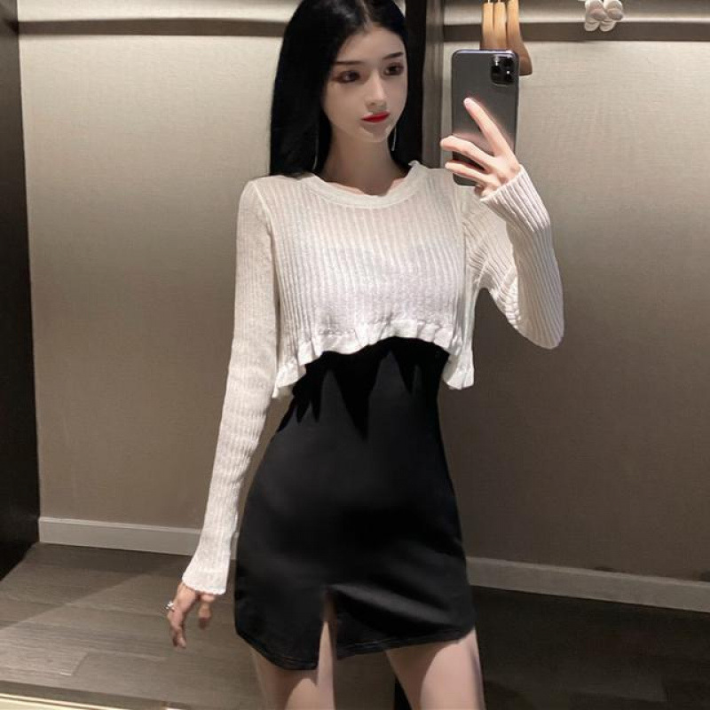 纯欲辣妹秋装薄款针织防晒罩衫女夏独特收腰显瘦吊带连衣裙两件套|undefined