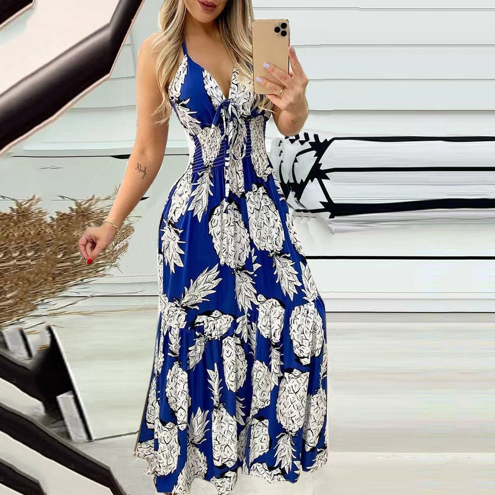 Sleeveless Sleeve Length Strap Dress Dresses Type Wholesale Women'S Casual Printing Pleated Pineapple Street V Neck Sleeveless Strap Dress