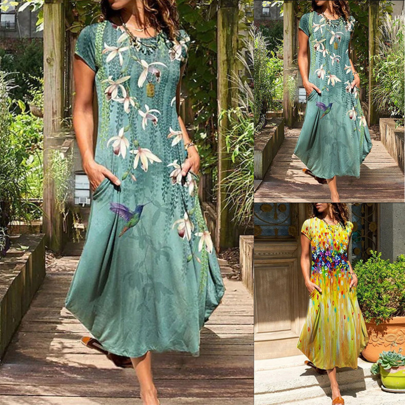 2024 Cross-border Spring and Summer Maxi New Dress Colorful Women's Round Neck Casual Short-sleeved Dress 2024 Cross-border Spring and Summer Maxi New Dress Colorful Women's Round Neck Casual Short-sleeved Dress