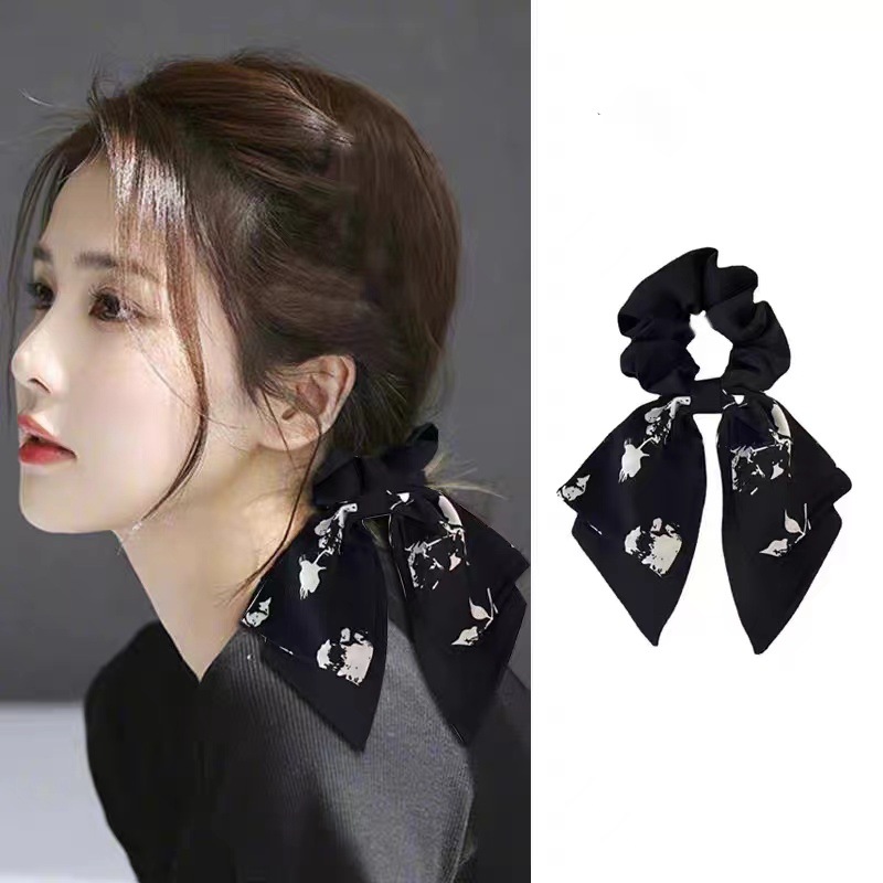 검정 X32 [장미 프린트] 리본 머리끈