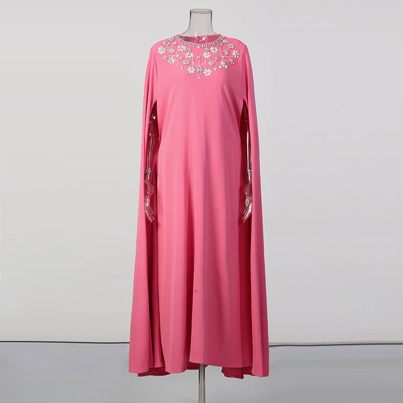 Elegant French-Style Cape Dress With Rhinestone Details - Flowy Batwing Sleeve Maxi Dress For Women, Soft Pink Pure Color Stretch_ecoleips.com