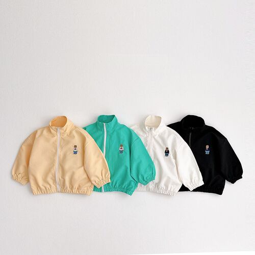 Korean style solid color embroidered jacket for boys and girls, windproof and sun protection jacket ins, versatile stand-up collar sun protection clothing trend for children and middle-aged children