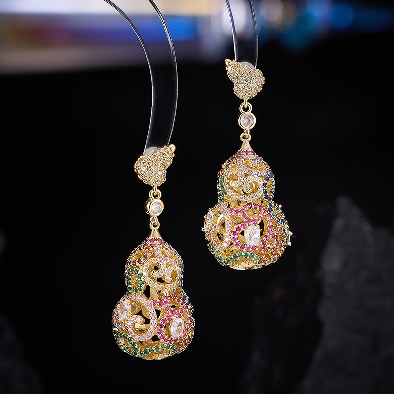 High-End New Chinese-Style National Style Fortune Gourd Earrings, Light Luxury Hollow Design with Full Zircon, S925 Silver Needle Luxurious Jewelry Earrings High-End New Chinese-Style National Style Fortune Gourd Earrings, Light Luxury Hollow Design with Full Zircon, S925 Silver Needle Luxurious Jewelry Earrings