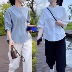 薄款100%纯棉圆领中袖宽松衬衫女夏季新款遮肚显瘦简约棉衬衣拼接
