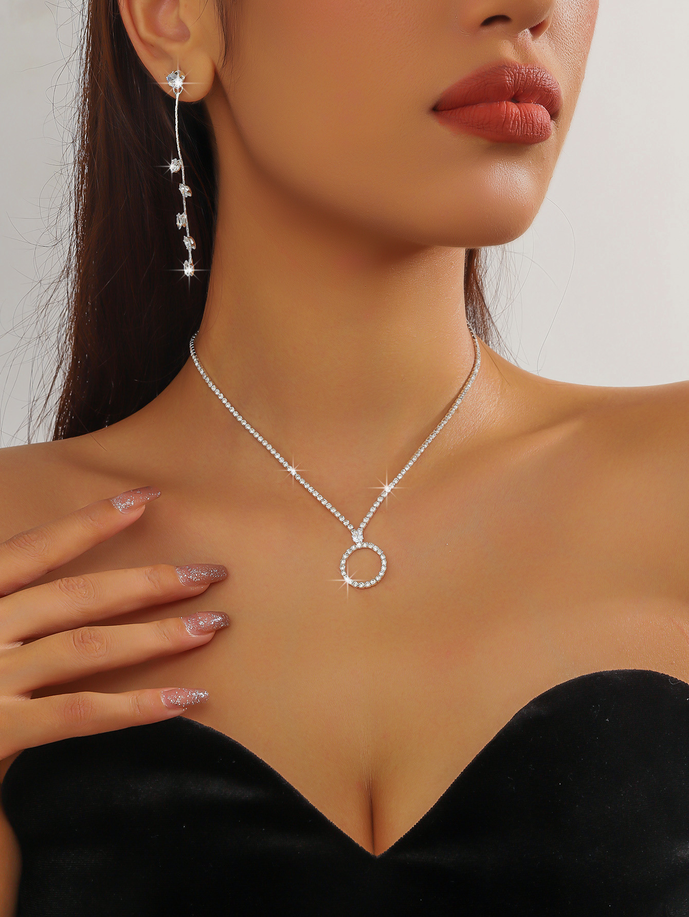 Strass Halskette Mit Zirkon Anhänger Für Damen Schmuckset_voghion.com