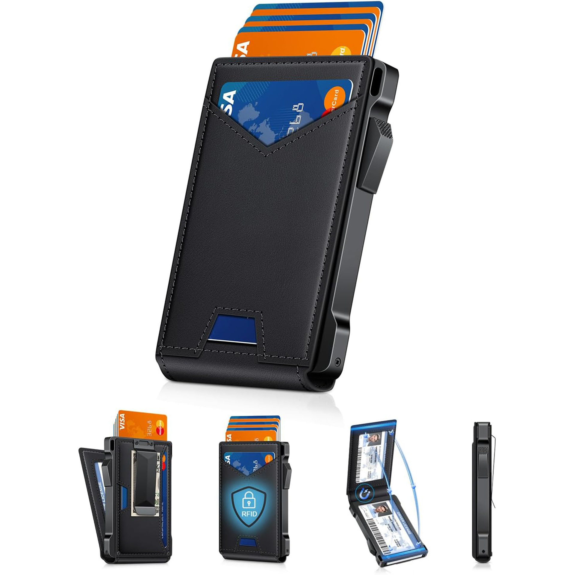 Personalizada RFID cepillo anti-robo flip cartera de cuero metal de aleación de aluminio tarjeta de absorción magnética cartera de fibra de carbono para hombres