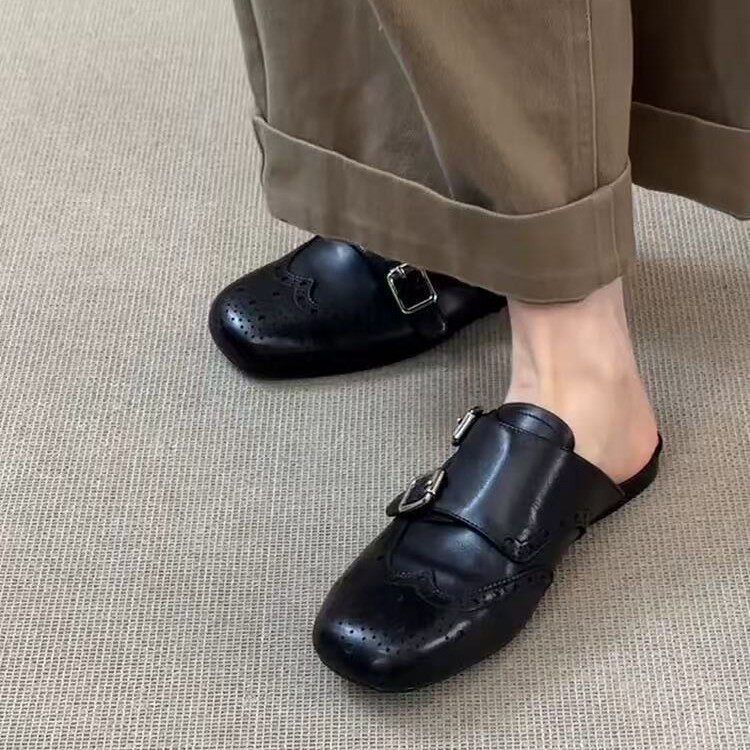 Giày lười nữ mũi vuông da thật kiểu Brogue hai hàng khóa, đế bằng — Màu nâu, màu đen