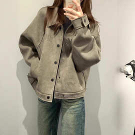 美式复古短款麂皮绒外套女春秋季2025新款慵懒中性风宽松夹克上衣