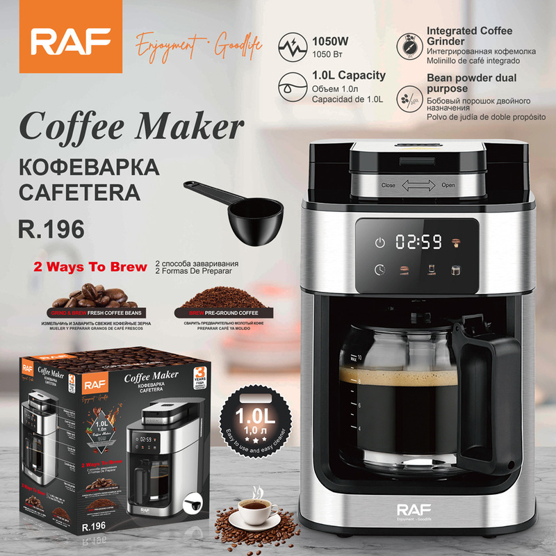 RAF European and American standard fully automatic coffee machine with grinder, drip-type coffee pot, timer and touch screen, 1L capacity RAF European and American standard fully automatic coffee machine with grinder, drip-type coffee pot, timer and touch screen, 1L capacity