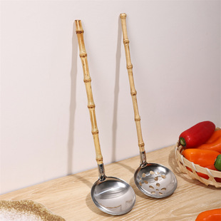 Japanese-style tableware bamboo soup spoon Japanese bamboo handle colander 304 stainless steel spoon restaurant bamboo spoon bamboo root hot pot spoon