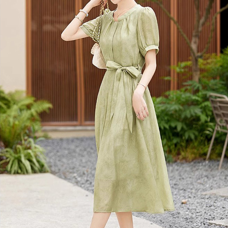 テンセルドレス夏の新しいスタイルの小柄な人向けのハイエンドフレンチウエストファッション気質痩身カバープリントスカート|undefined