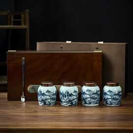 跨境陶瓷满彩山水小罐子茶包装盒茶礼木盒瓷罐整套批发茶膏香粉罐