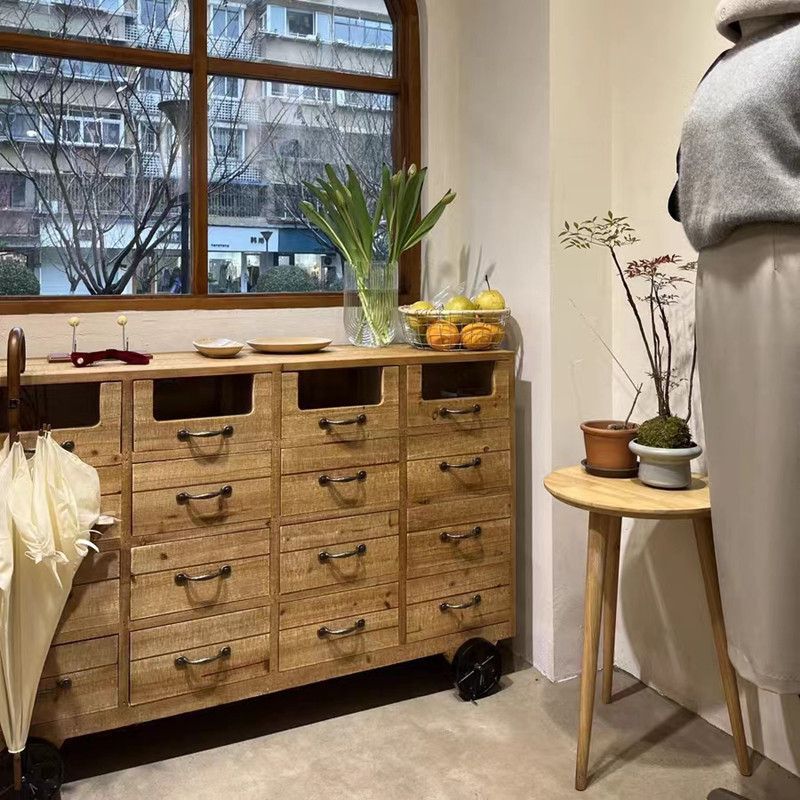 American Retro Cabinet, Antique Solid Wood Sideboard with Wheels, French-Style Distressed Multi-Drawer Storage Cabinet