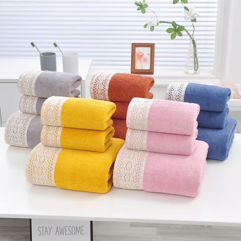 New lace edging cotton towel bath towel set plain color simple generous fashion towel 16 sirospun