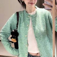 法式气质薄荷绿卷边针织开衫毛衣外套女春秋软糯绿色上衣早秋外搭
