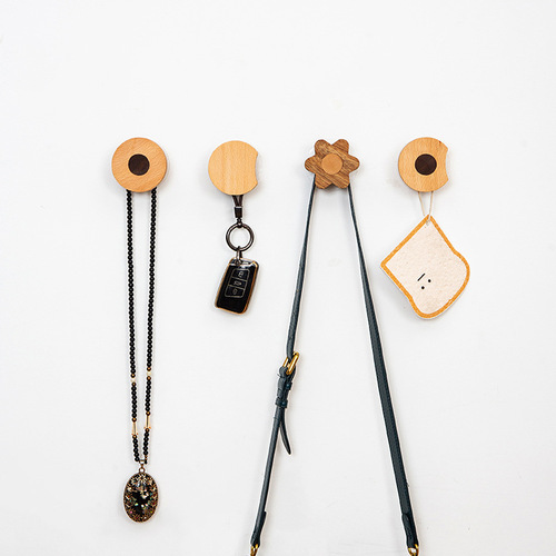 Nordic Wooden Wall Zelkova Cartoon Door Back Hook No Hole Entry Wall Sticky Hook Creative Home Clothes Hook 