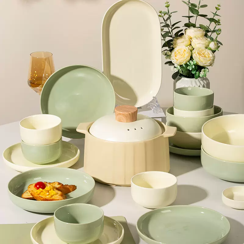 碗盘餐具陶瓷家用北欧风奶油纯色碗套装餐具整套砂锅乔迁搬家礼物