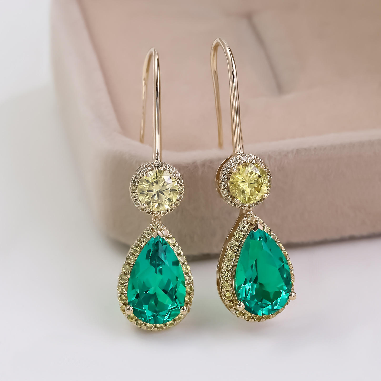 10K gold cultured emerald drop earrings with yellow sapphires, light luxury vintage earrings for women, elegant party earrings