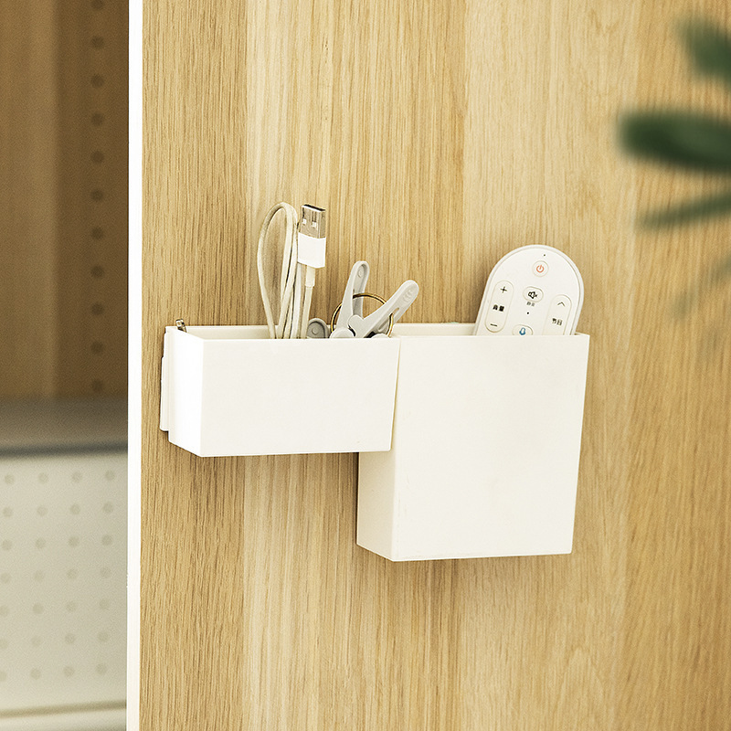 Caja de almacenamiento de control remoto montada en la pared sin perforar pegatinas de marca caja de almacenamiento blanca montada en la pared con caja de almacenamiento de empalme de hebilla