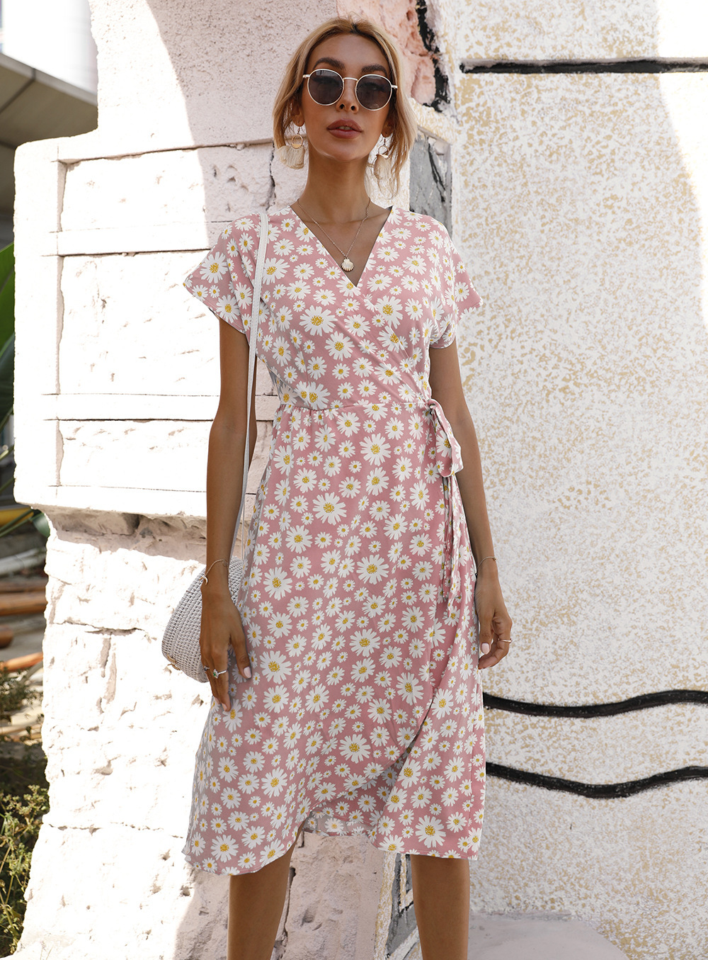 Women Stylish Long Dress Waist‑Cinch Design With All‑Over Print, Tie‑Waist & High Slit_ecoleips.com