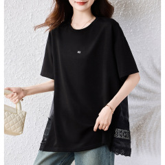 実写スポットファッションレース黒半袖tシャツ女性2025夏新気質シャツユーロサイズ上着