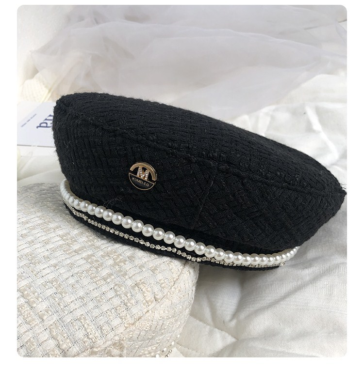 Fashionable trendy pearl beret for women, black internet celebrity, small fragrance, socialite, bud hat, Korean style,_voghion.com