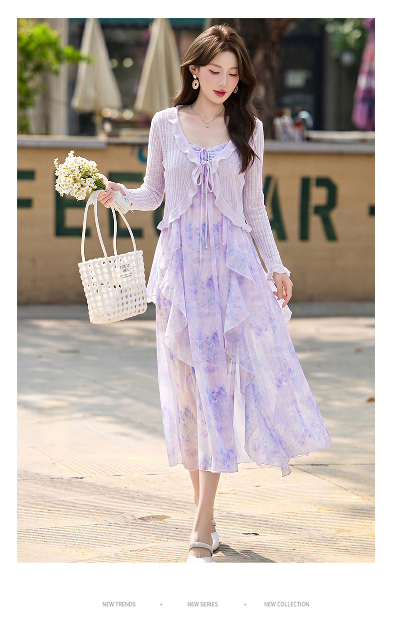 Đầm maxi nữ hai dây hoa nhí kèm áo khoác cardigan tay bèo — màu xanh nhạt, màu tím nhạt chi tiết 12