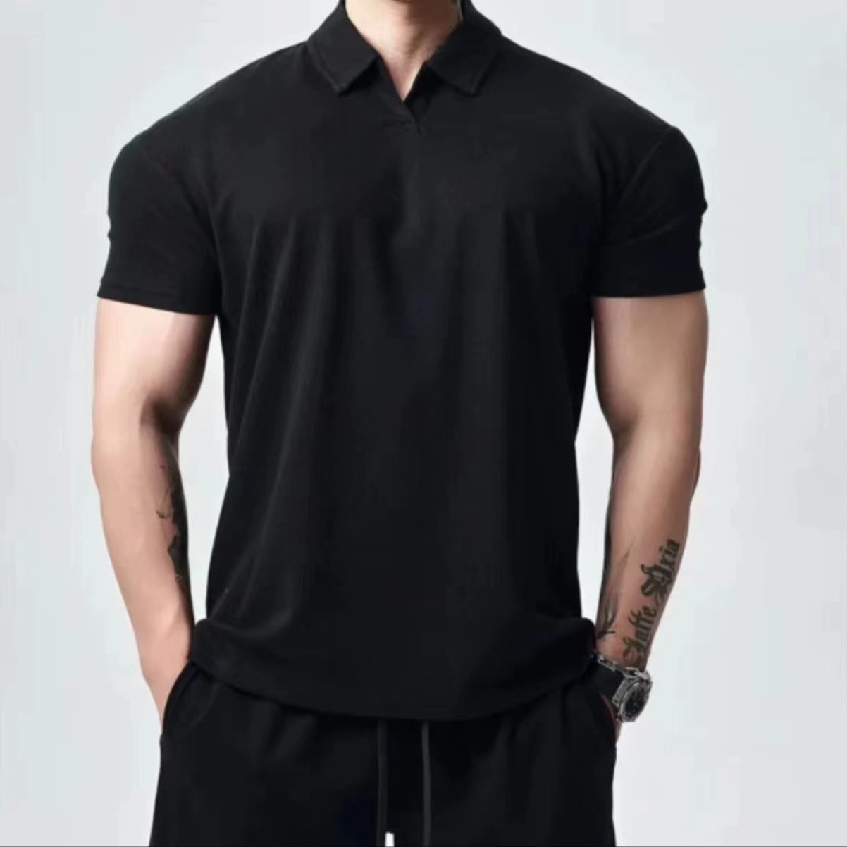 Summer breathable short-sleeved new Chinese style Henley collar polo shirt with large lapel and gathered cuffs, men's sports and fitness T-shirt